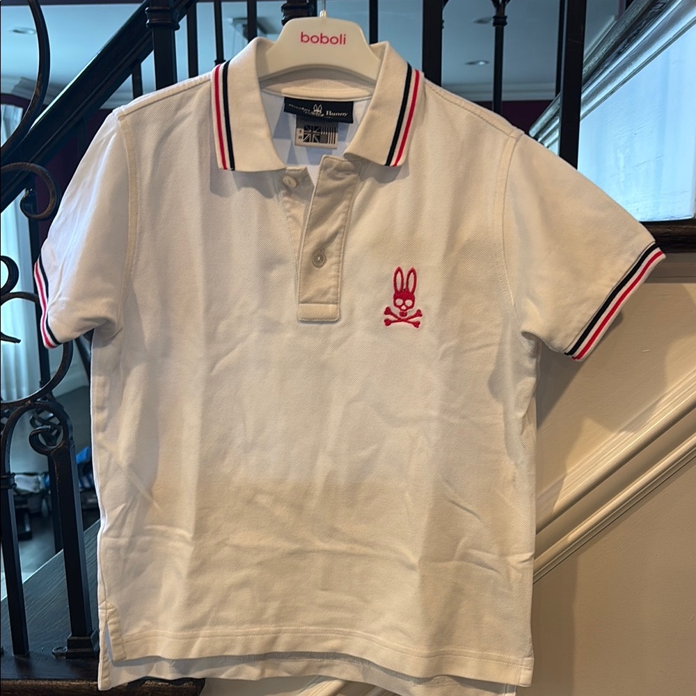 Psycho Bunny White Polo with pink and navy trim